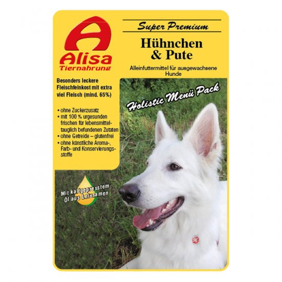 Huhn und Pute in Pouches immer frisch hergestellt. Hundenahrung sensitiv Online kaufen im Alisa Shop.