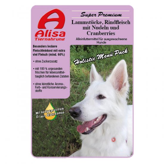 Alisa Tiernahrung: ein getreidefreies Hundefutter nass menue mit Lamm Rind und Cranberries
